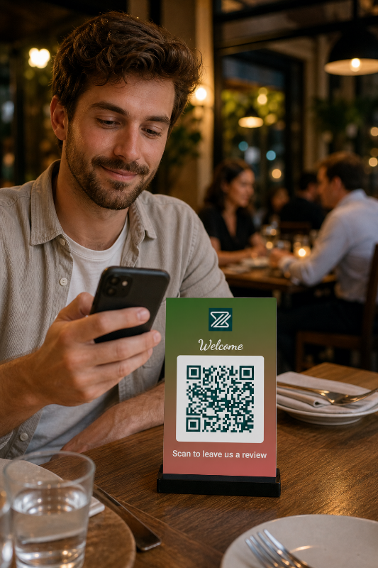 A customer scanning a table-tent QR code to leave a review right after their meal