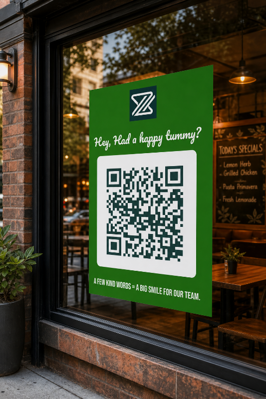 A QR code review sign stuck to a storefront window