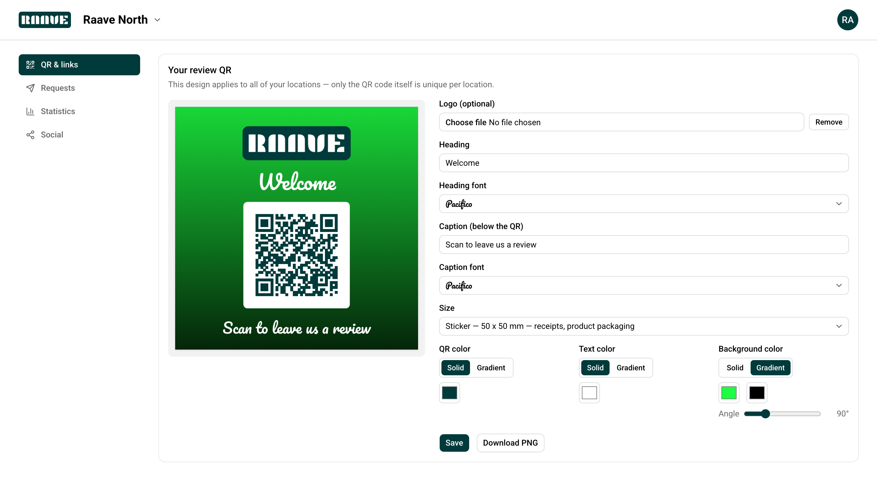 Raave QR and link designer showing a fully customizable review QR code