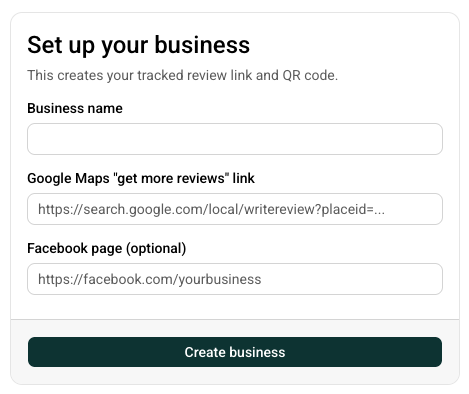 Business setup form asking for business name and Google review link