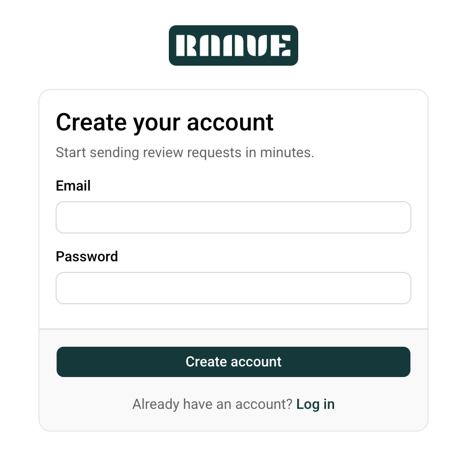 Raave account sign-up form asking for email and password