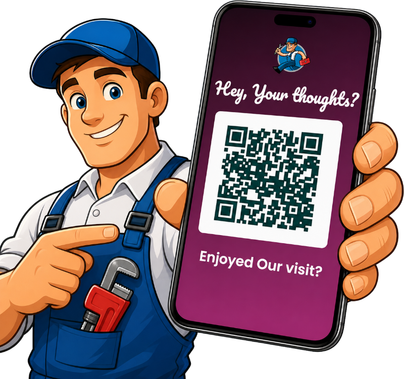 Service business mascot holding a phone with a QR code review request