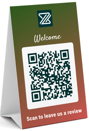 Table-tent QR code card inviting customers to leave a review