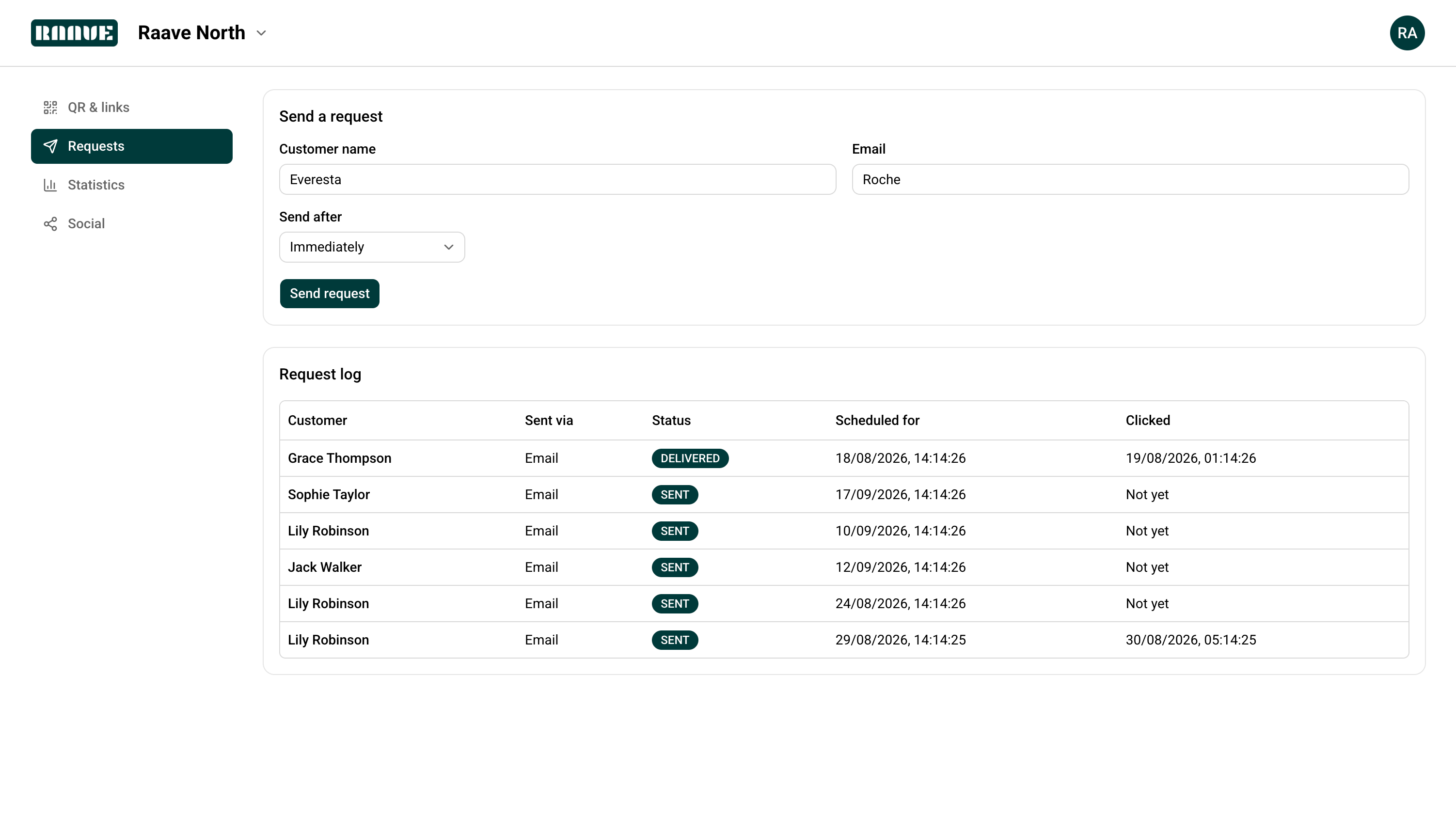 Review request form and request log showing sent, delivered, and clicked statuses