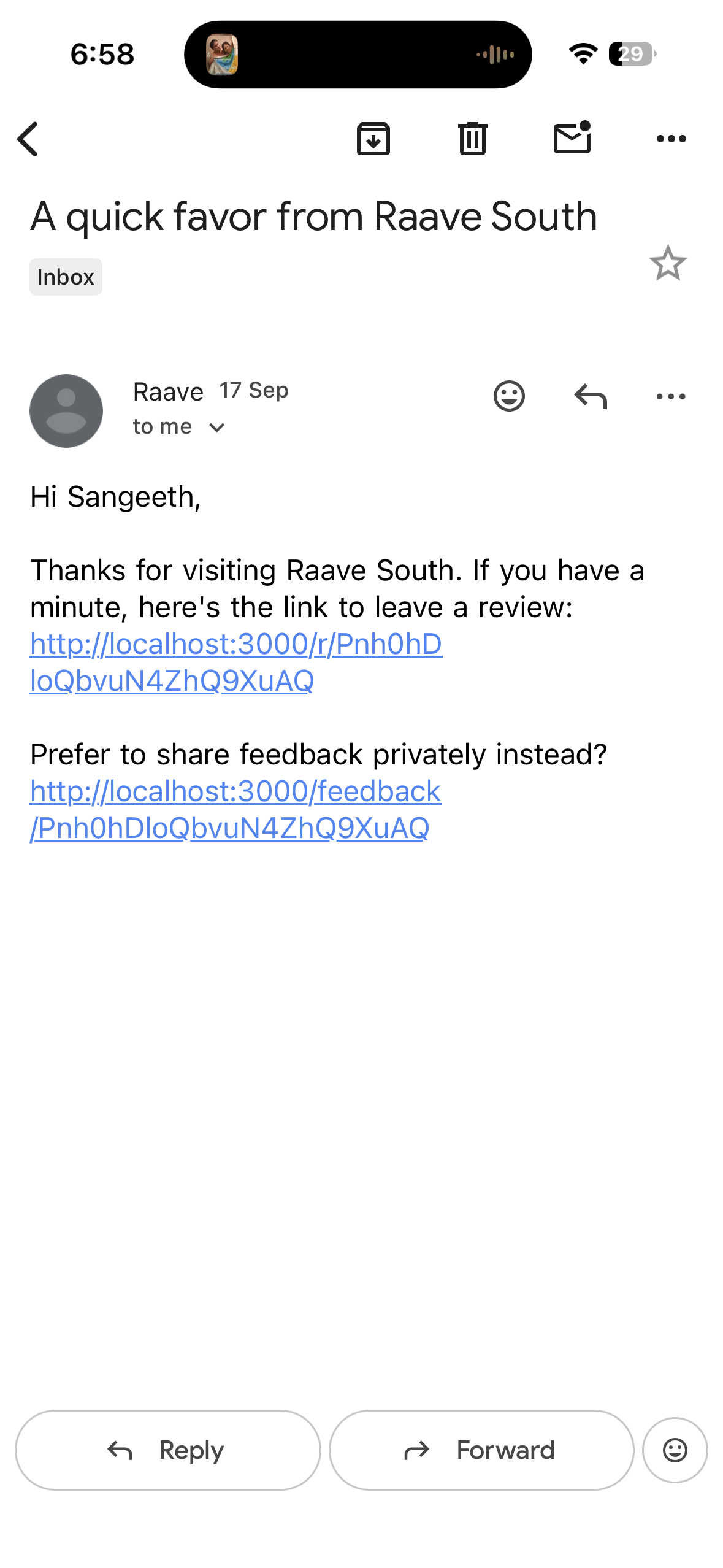 Review request email shown on a customer's phone
